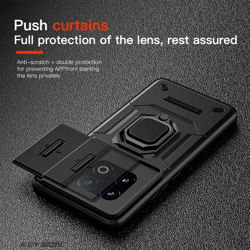 Shockproof Armor Phone Case with Slide Camera Lens Protection and Ring Stand