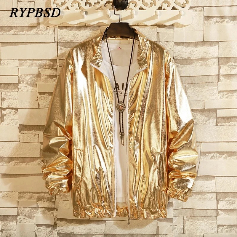 Gold Silver Windbreaker Jacket for Men Fashion Autumn Solid Bomber Nightclub Stage Singer Harajuku Streetwear Hip Hop Jacket Men atsunset hip hop singer art embroidery sweater harajuku retro style knitted sweater autumn and winter cotton pullover tops