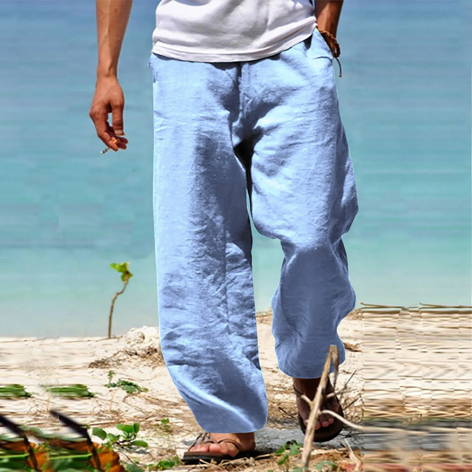 Men pants Men's Cotton Linen Harem Pants Casual Drawstring Elastic Waist