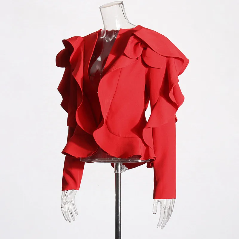 KBQ Solid Patchwork Ruffles Temperament Blazers For Women V Neck Long Sleeve Spliced Belt Chic Blazer Female Fashion Clothes New