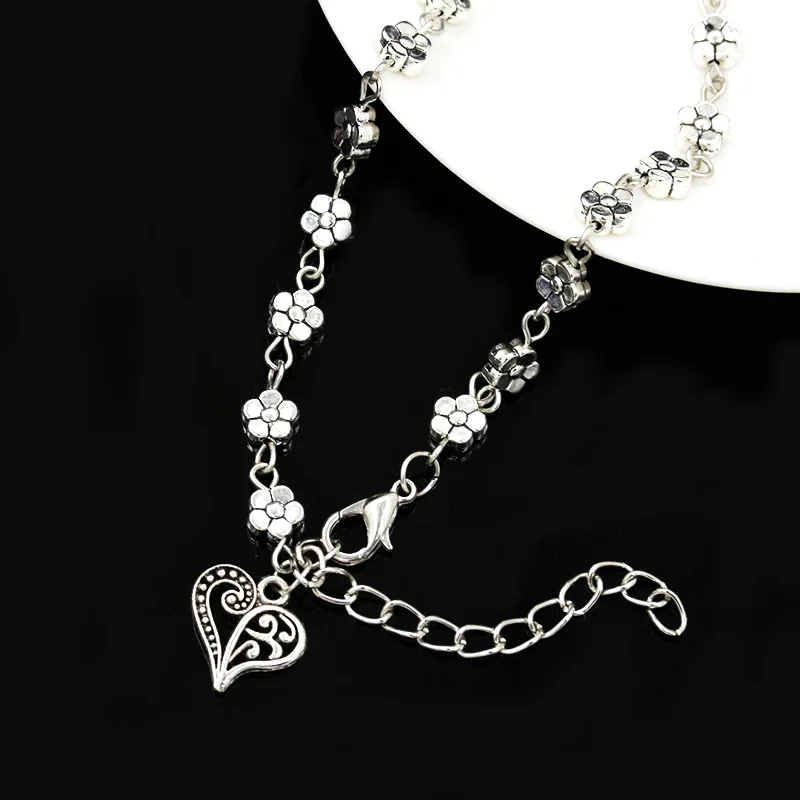 Women's Vintage Heart Flower Barefoot Sandals Beach Anklet Tassel Chain Foot Jewelry Bracelet on Leg Bracelet Ankle Jewelry