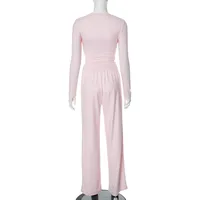 Apprabant Solid Pleated Casual Basic Trousers Set Round Neck Long Sleeve Top Fashion Sports Style High Waist Wide Leg Pants Suit - Image 6