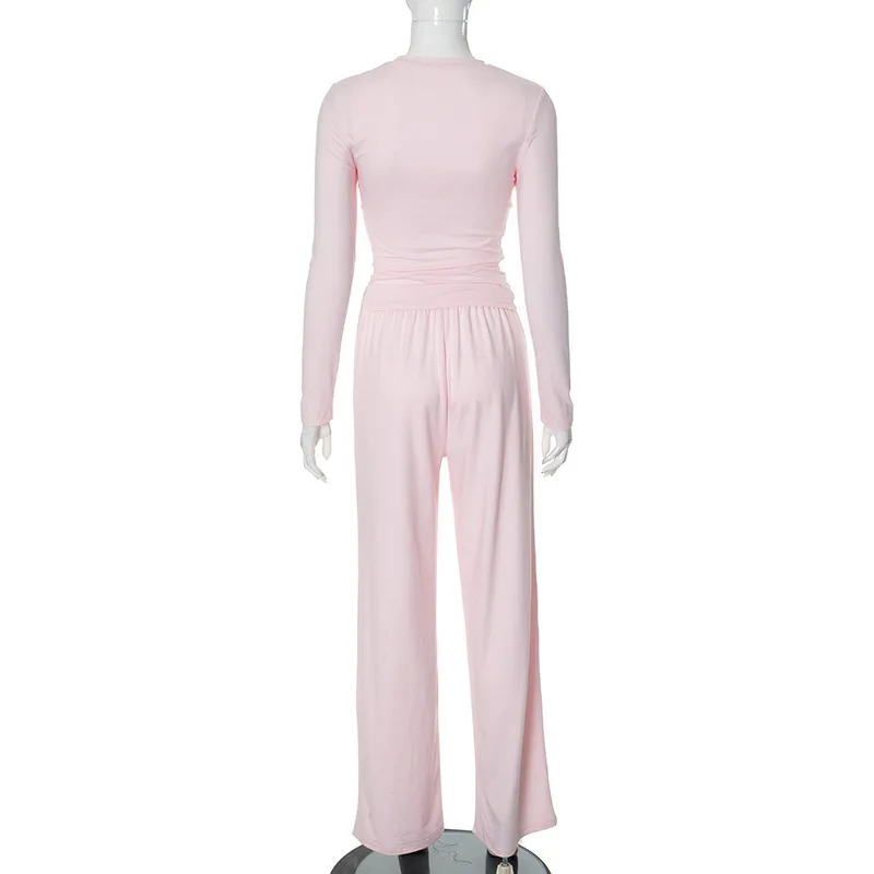 Apprabant Solid Pleated Casual Basic Trousers Set Round Neck Long Sleeve Top Fashion Sports Style High Waist Wide Leg Pants Suit 6