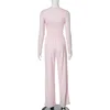 Apprabant Solid Pleated Casual Basic Trousers Set Round Neck Long Sleeve Top Fashion Sports Style High Waist Wide Leg Pants Suit 6