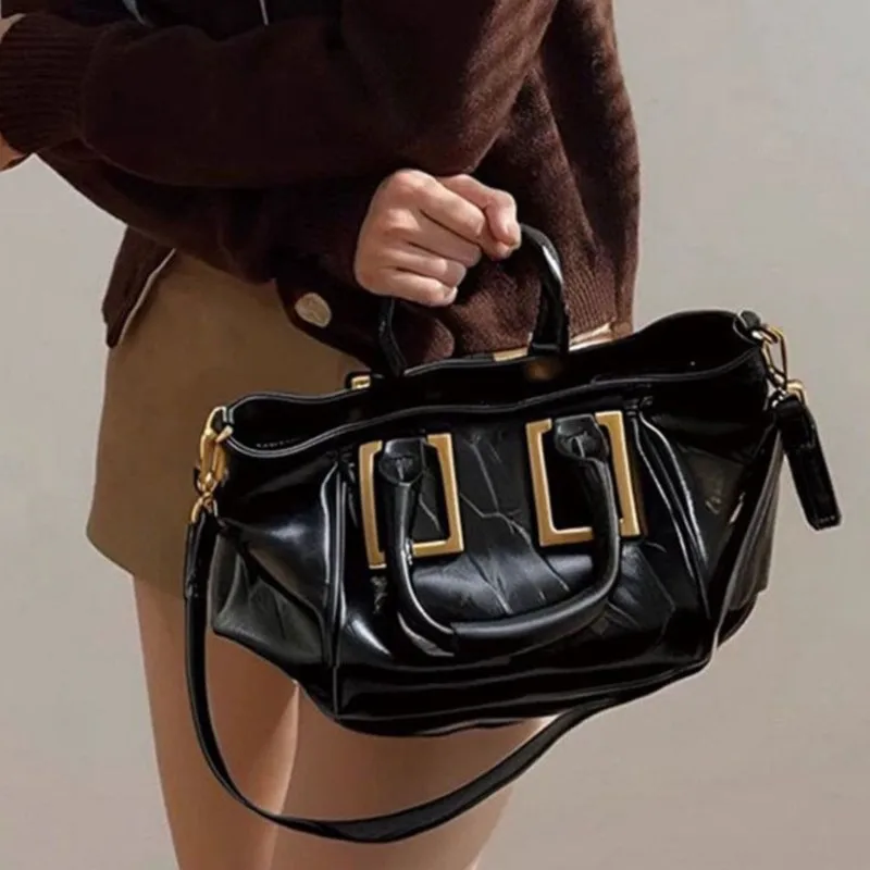 Vintage Black Handbag Women PU Waxed Leather Pleated Large Capacity Shoulder Bag Ladies Premium Luxury Design Crossbody Bag 2025