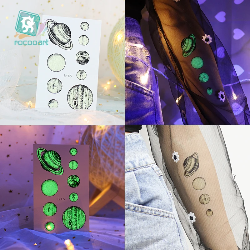 Space Man Planet Tattoo For Children Glowing Dark Taty Waterproof Body Art Fake Tatoo Luminous Tattoo Stickers 6PCS/set