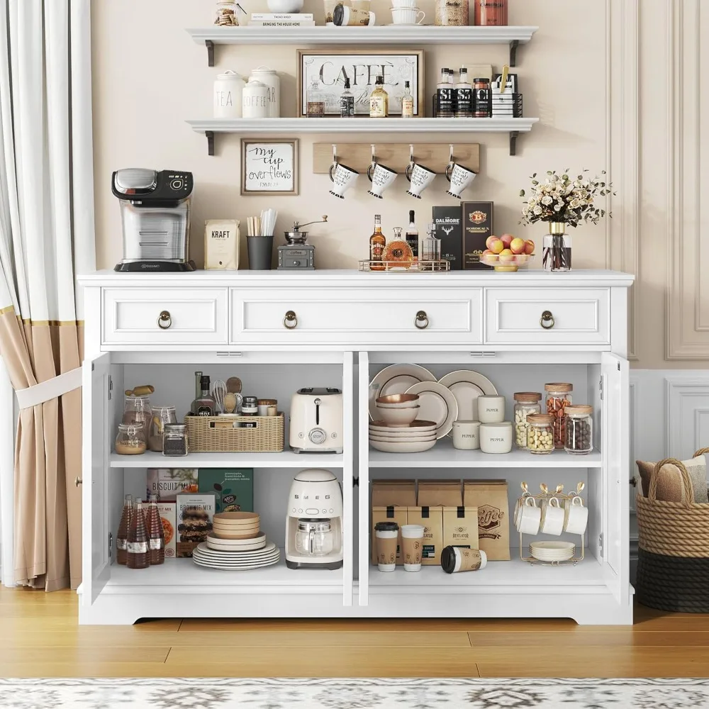 Buffet Cabinet with Storage, 55.1" Large Sideboard Buffet Cabinet, White Kitchen Cabinet with 3 Drawers and 4 Doors