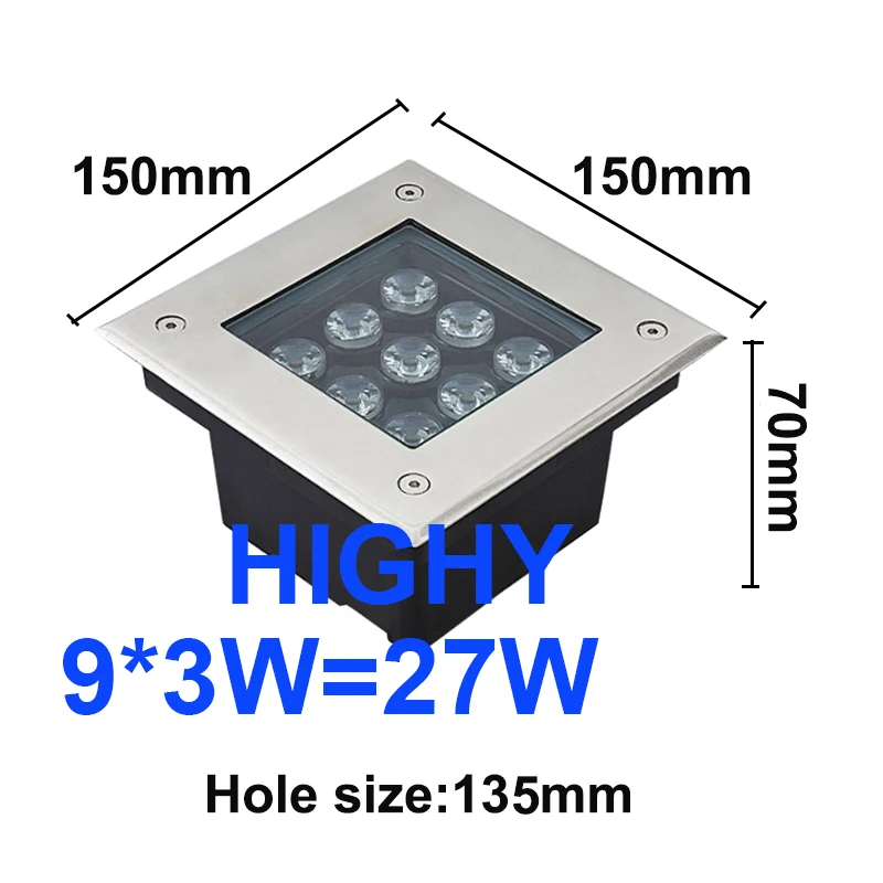 thumbnail image 1 of Lámpara LED enterrada para exteriores, cuadrada, resistente al agua IP68, 1 W, 3 W, 4 W, 5 W, 6 W y 9 W, para decoración de jardín, CA 85-265 V, CC 12 V, 1 of 5
