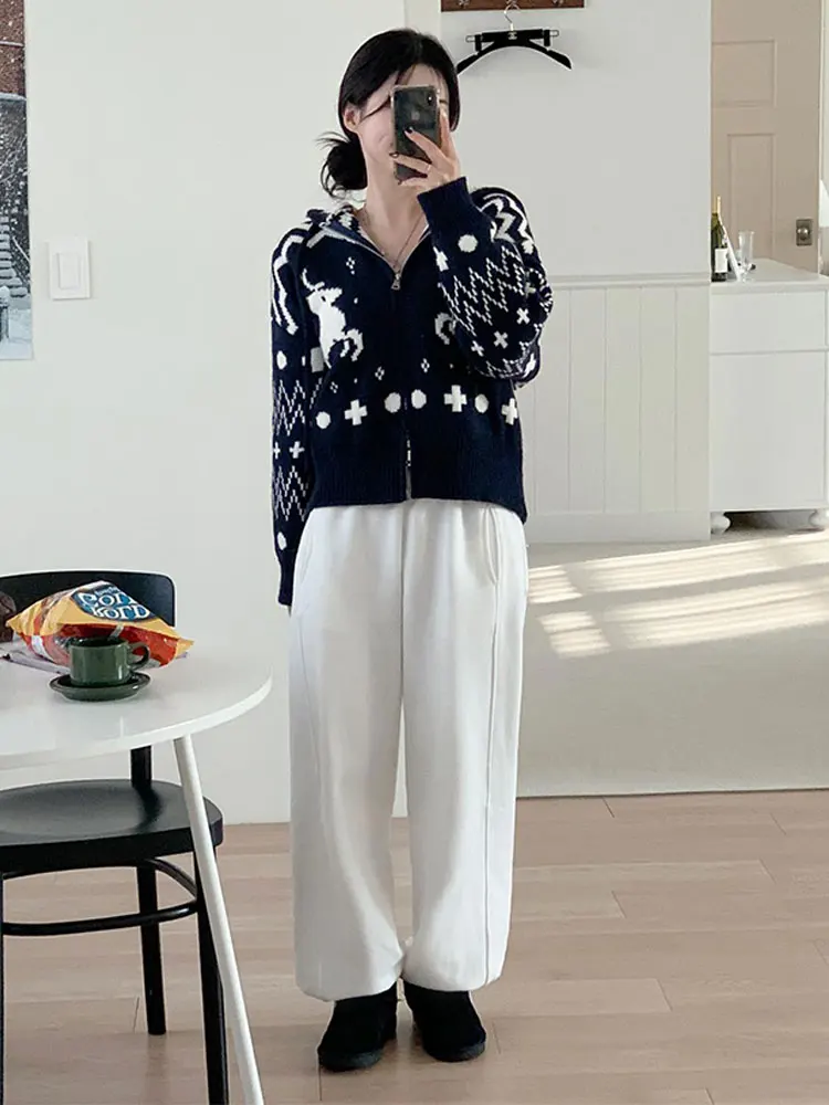 

Women's Vintage Knitting Zipper Hooded Cardigans Fashion Casual Long Sleeve Fit Print Sweater Loose Autumn Streetwear Jacket