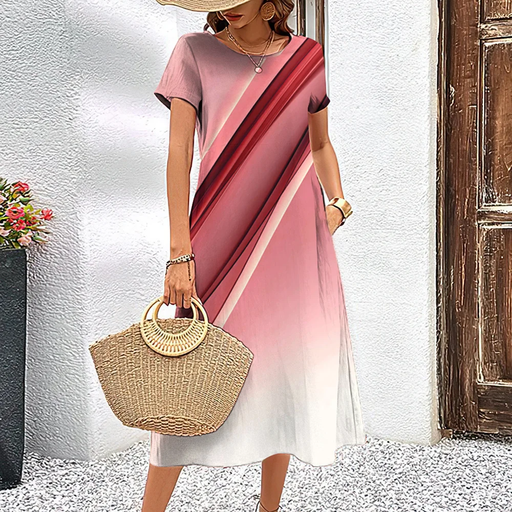 Vestido feminino com estampa listrada com decote em O manga curta, casual roupas extragrandes, doces vestidos A, moda verão, arco-íris, novo 15 Sea378ec15ffb4f9c9485f5e4e39ad051i