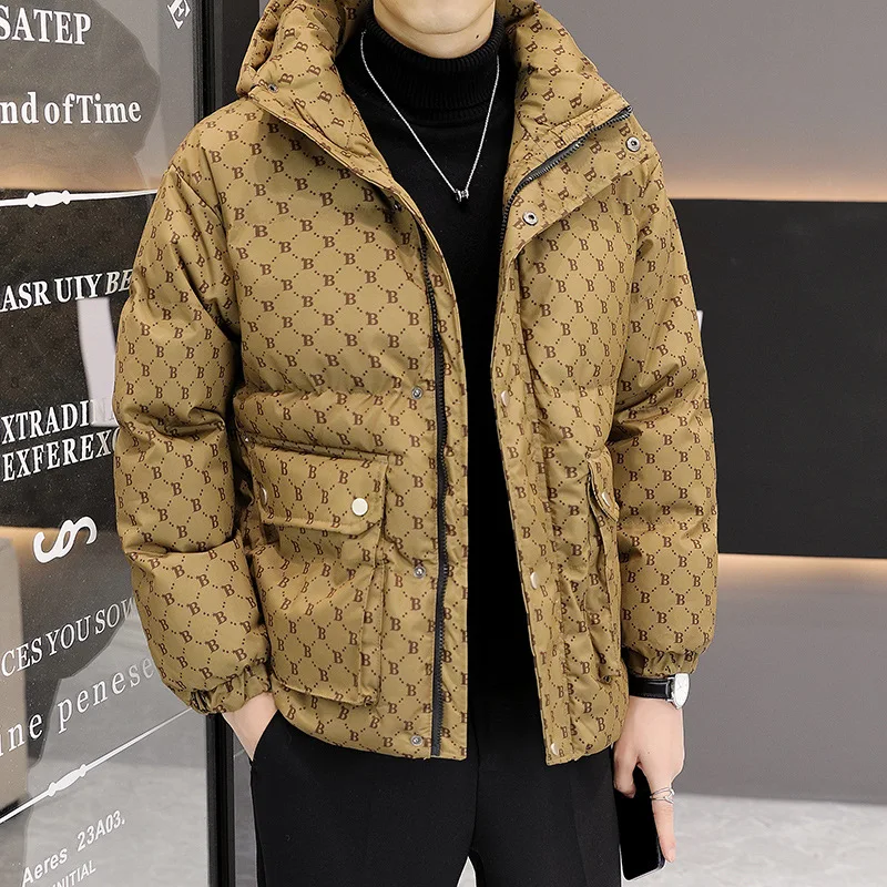 Winter Men's Thickened Warm Cotton Jacket Fashion B Letter Printed Hooded Down Cotton Jacket Handsome Casual Loose Coat