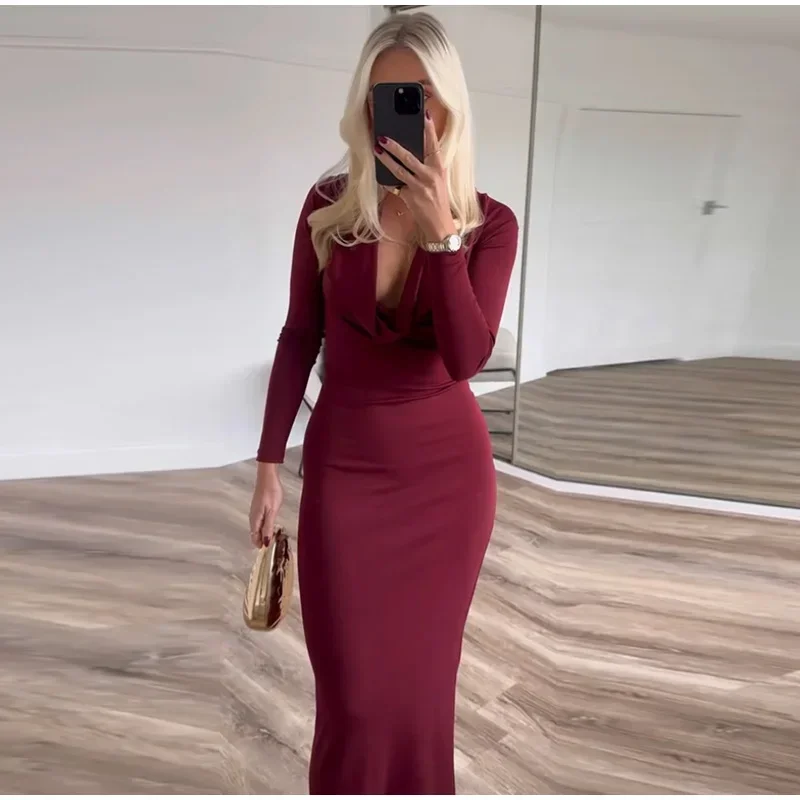 Elegant Hang Neck Burgundy Long Party Dress Women Halter Full Sleeve Maxi Dresses Autumn Lady Slim Hip Package Gowns New