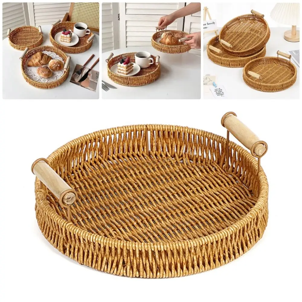 Food Plate Handwoven Plastic Rattan Storage Tray Round Shape Fruit Vegetable Cake Wicker Rattan Threads Basket With Handle 5