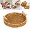 Food Plate Handwoven Plastic Rattan Storage Tray Round Shape Fruit Vegetable Cake Wicker Rattan Threads Basket With Handle 5