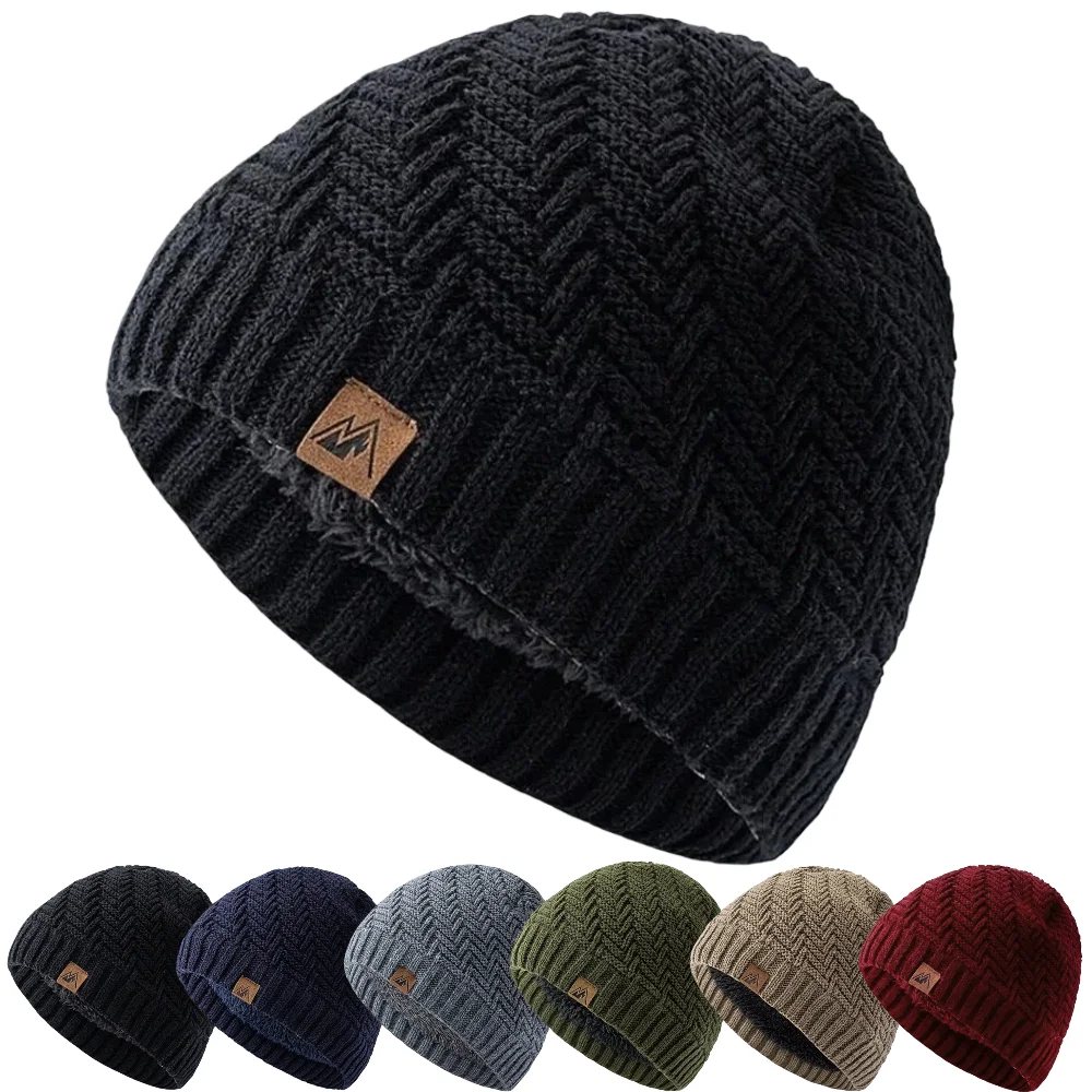 Heißer Verkauf Unisex Peak Labal Winter Hüte Mode Gestrickte Hüte Für Männer Frauen Beanie Cap Outdoor Plüsch Fell Gefüttert Warme Sport Hut – Detail 2