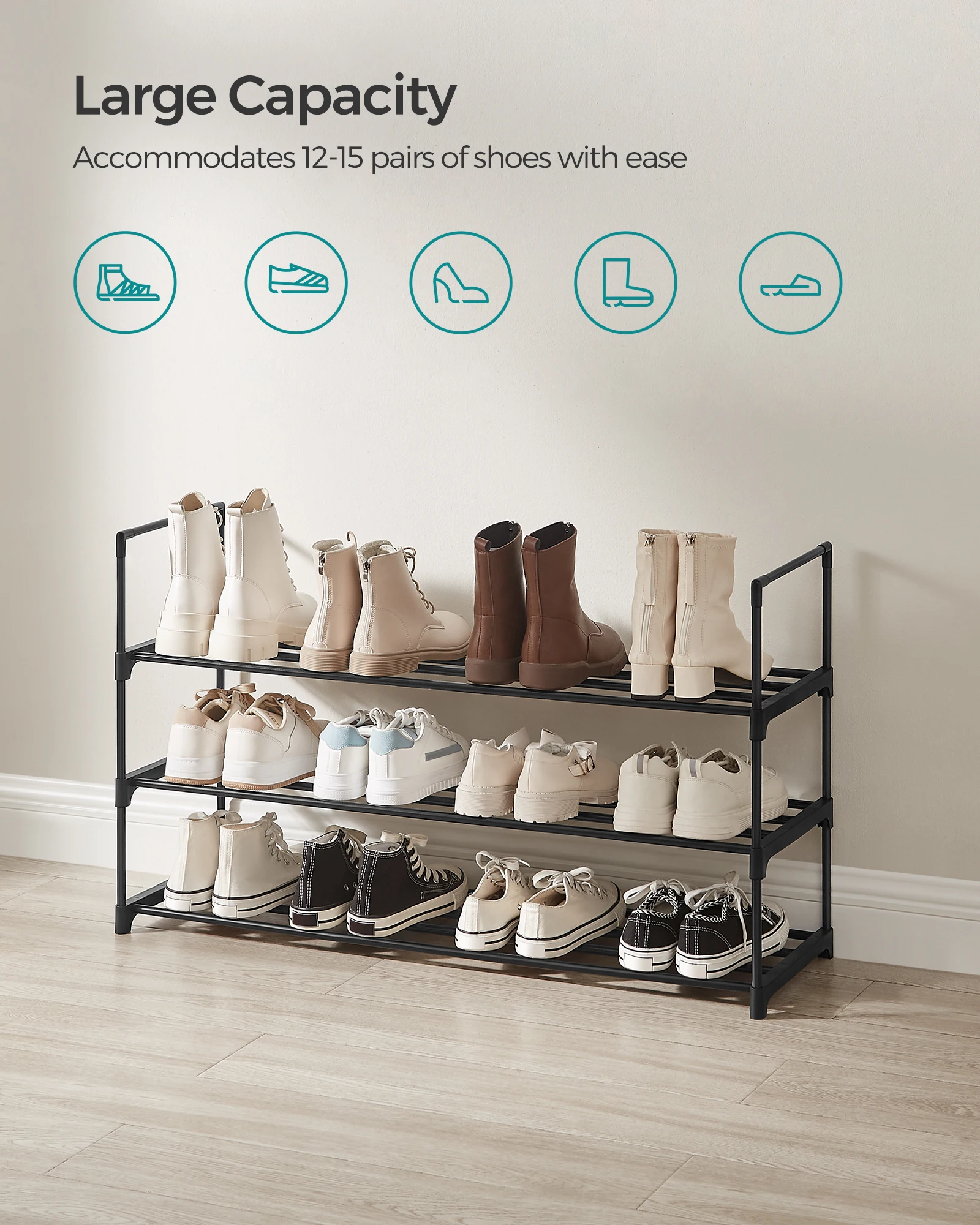 SONGMICS Shoe Rack, 3 Tier Shoe Organizer, Metal Shoe Storage Shelf for 15 Pairs of Shoes, Easy to Assemble, Entryway 3