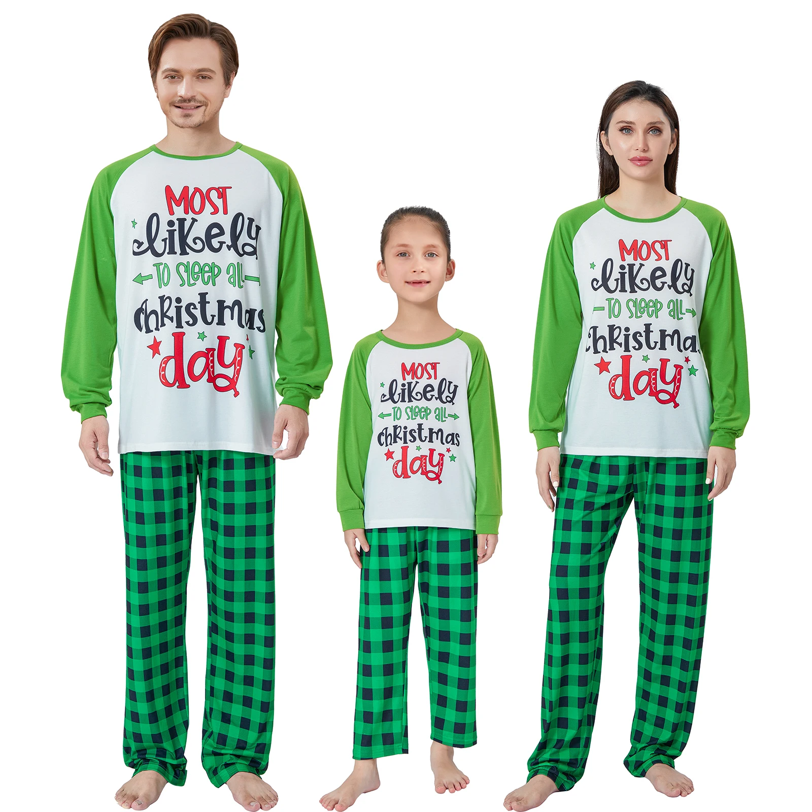 

2023 New Christmas Family Pajamas Matching Set Letter Print Long Sleeve Tops and Green Plaid Pants Sleepwear Home Wear