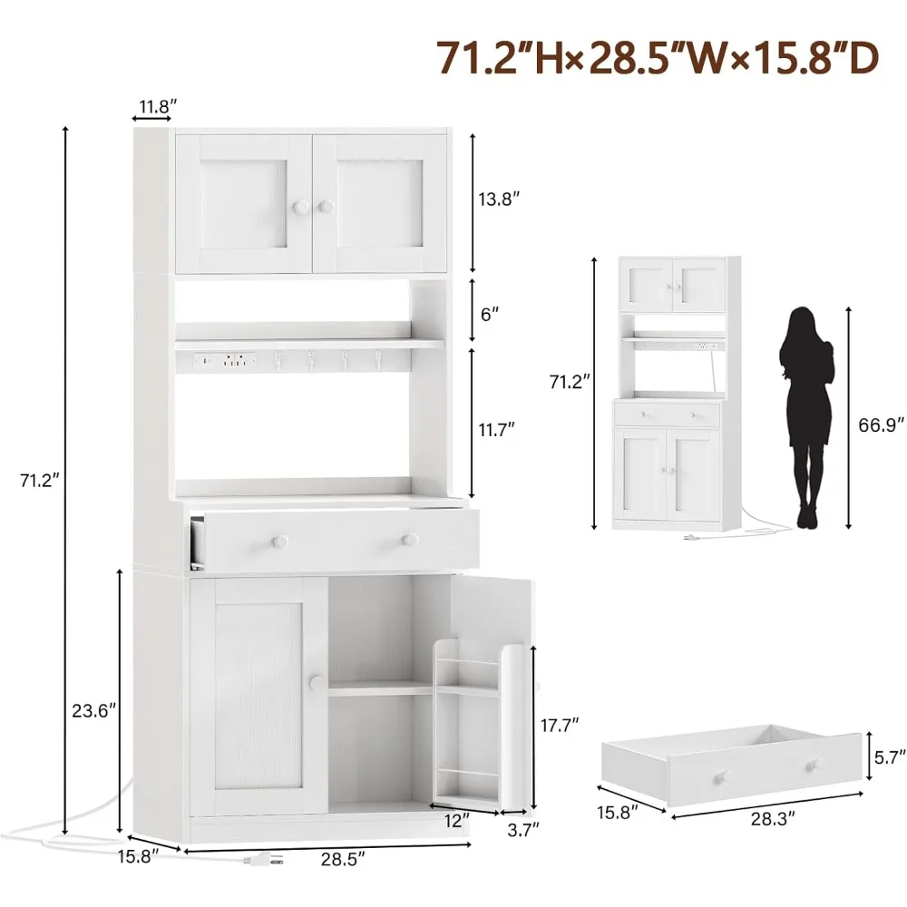 71" Tall Kitchen Pantry Cabinet with Power Outlet & LED Light, Freestanding Storage with 4 Doors, Shelves, Drawer, White