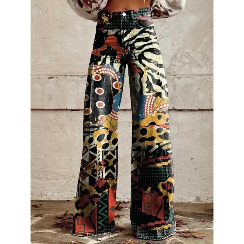 Fashion Printed Button-zip Women's Pants Elegant High Waisted Bell Bottom Pant Vintage Floral Printed Versatile Casual Fly Pants 6