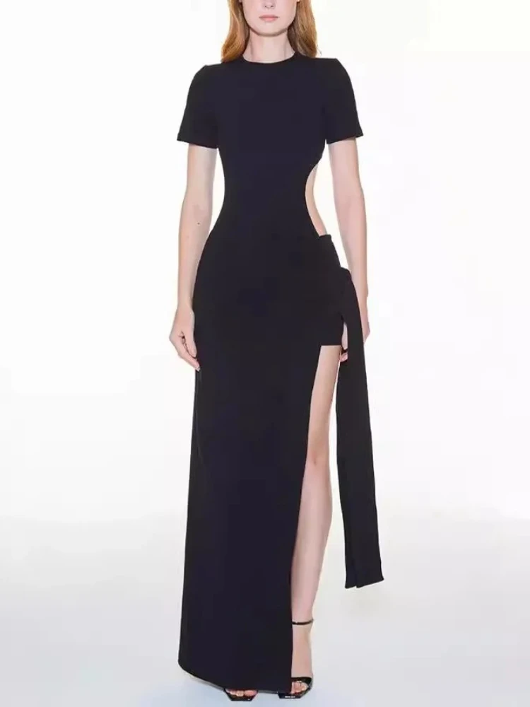 Y2k New Fashionable Women's Round Neck Halter Strap Short Sleeved Dress Casual Slim Sexy Split End Solid Color Street Long Skirt