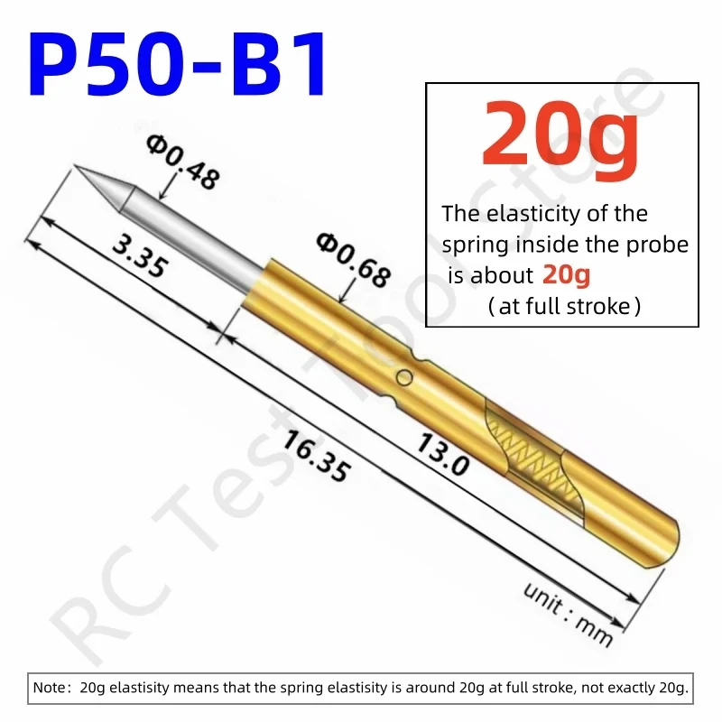 

20/100PCS P50-B1 20g Spring Test Probe Test Pin Pogo Pin P50-B Electrical PCB Test Tool 0.48/0.68/16.35mm Needle Sharp Tip Head
