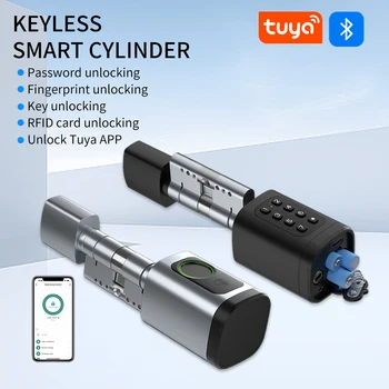 Tuya APP Fingerprint Cylinder Smart Door Lock Electronic Digital RFID Keypad Code Keyless Remote Control Adjustable 60mm-90mm 1