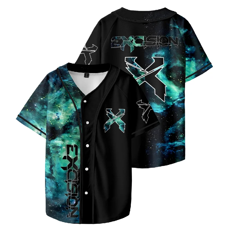 thumbnail image 1 of Camiseta de béisbol personalizada Excision Jersey azul/verde Galaxy, camiseta de béisbol Harajuku con botones finos, camiseta de béisbol para EDM, 1 of 4