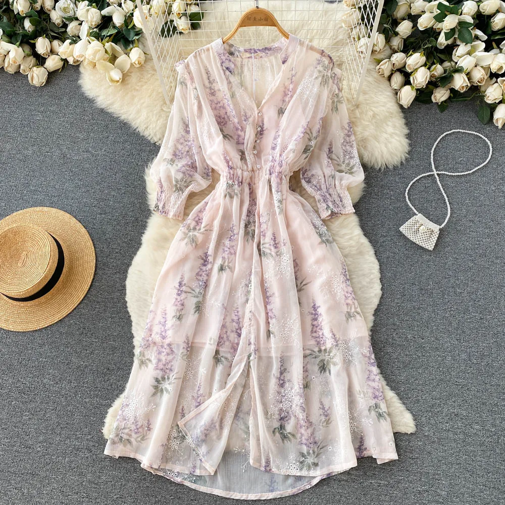 

Gentle wind, narrow waist, thin temperament, V-neck summer women's French Chic, beautiful floral Dresses