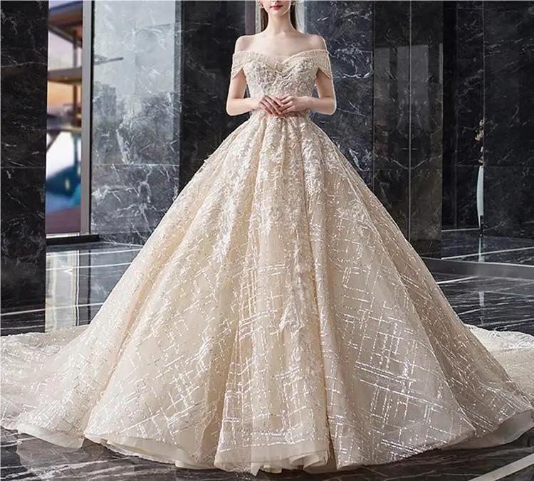 

HA 360 2024 new long tail wedding dress one shoulder heavy