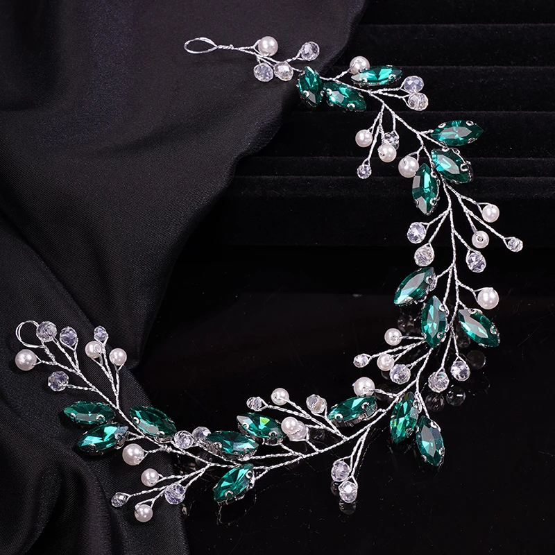 Bride Wedding Rhinestone Simple Hair Vine Bridal Silver Hair Piece Green Crystal Headband Accessories for Women Handmade