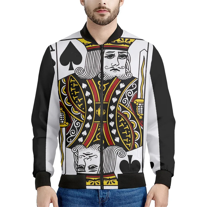thumbnail image 1 of Chaqueta con estampado de naipes para hombre, chaqueta con cremallera y estampado 3D de póquer, informal, holgada, con cremallera, estilo bomber, 1 of 5