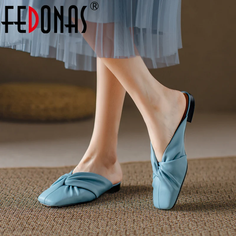 

FEDONAS Square Toe Women Slippers Spring Summer Low Heels Pumps Genuine Leather Comfortable Casual Office Mules Shoes Woman 2023