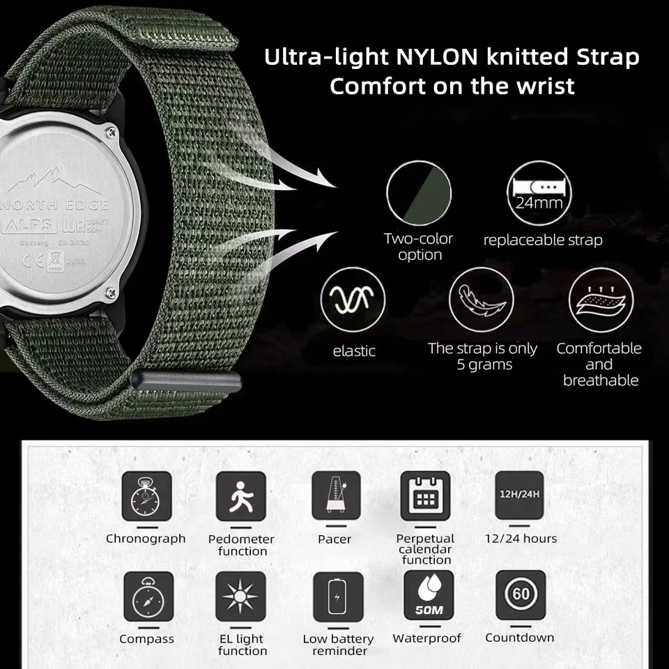 NORTH EDGE Watch for Men ALPS 45MM Outdoor Sports Swimming Metronome Compass Waterproof Carbon Fiber Case Nylon Strap Men Watch 2