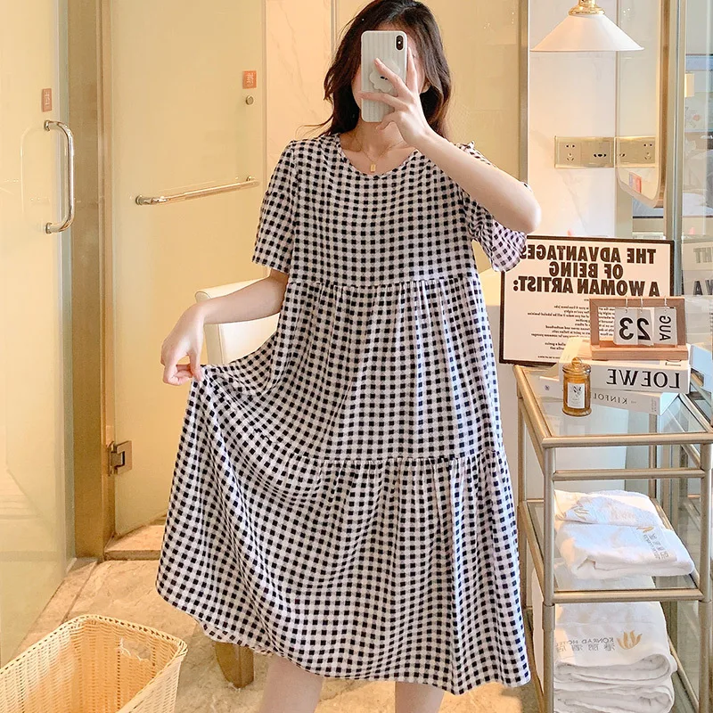 Summer Pajamas Short Sleeve Plaid Cotton Silk Night Gown For Women Outerwear Loose Dress Plus Size