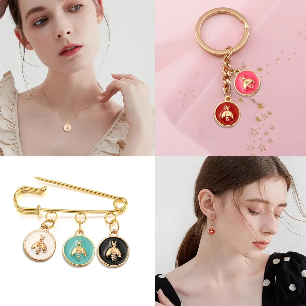 PandaHall 60 Pcs 6 Colors Enamel LightGold Charms Flat Round Bee Animal Honeybee Mini Charm for Jewelry Making