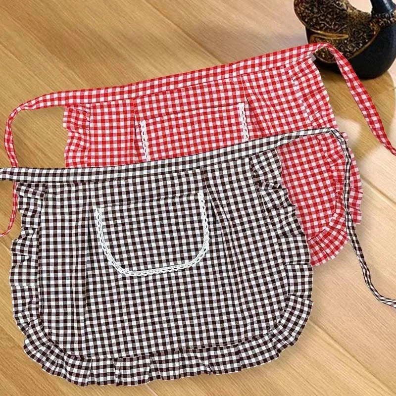 Tablier en coton pour cuisine à domicile, motif à carreaux carrés, taille demi-taille, respirant et résistant aux taches, tenue de travail de cuisine parfaite.