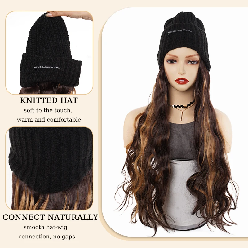 Knitted Hat with Wavy Hair Synthetic 22inch Hat Wig Extensions for Women Winter Warm Beanies Hats Wigs for Christmas Use