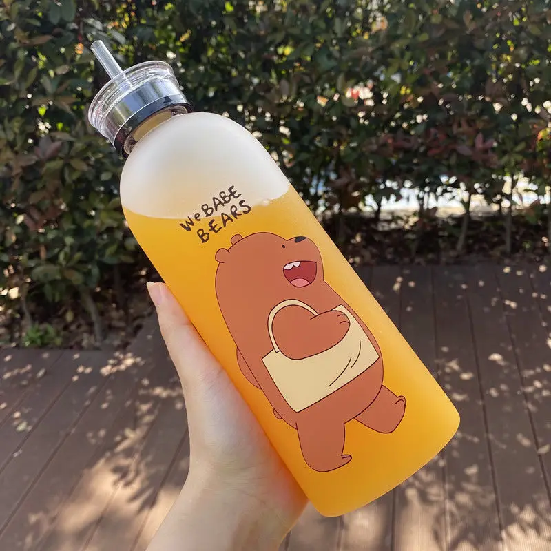 1000ml Cute Panda Bear Cup Water Bottles With Straw Transparent Cartoon  Water Bottle Drinkware Frosted Leak-proof Protein Shaker