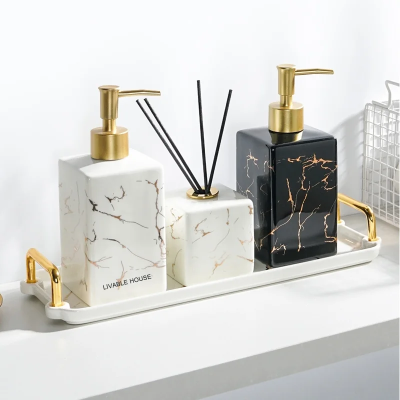 ขวดเครื่องจ่ายสบู่เหลวน้ำเซรามิกลายหินอ่อนแบบแมนนวลเครื่องจ่ายสบู่เหลวโลชั่นแชมพูขวดน้ำมันหอมระเหยอุปกรณ์ในห้องน้ำ 1