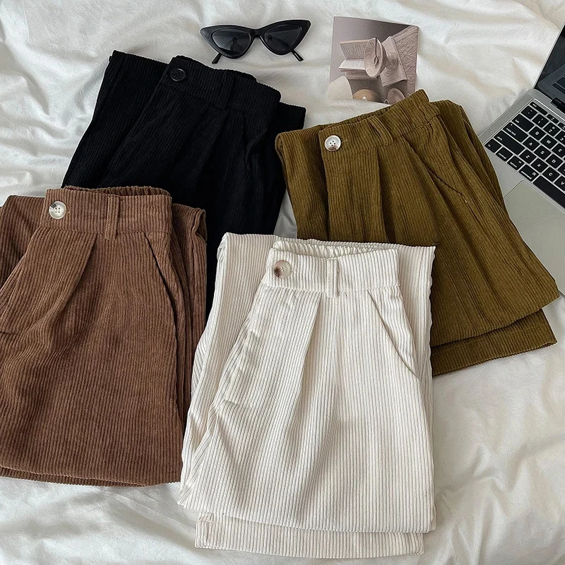 

Corduroy Wide Leg Pants Women Vintage High Waist Korean Loose Pockets Basics Trousers Female Solid Office Lady Casual Pants