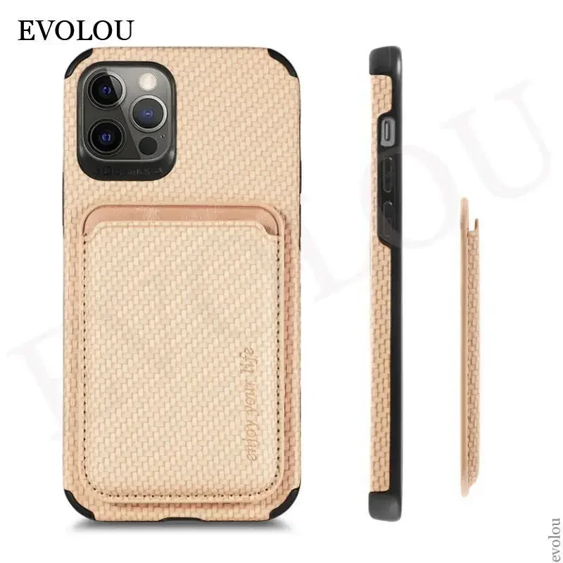 Premium Wireless Charging MagSafe Leather Case with Magnetic Card Slot and Carbon Fiber Design