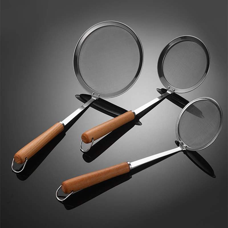 Stainless Steel Fine Mesh Strainers Filter Spoon Hot Pot Skimmer Ladle with Wooden Handle Frying Scoop Noodles Dumpling Sieve