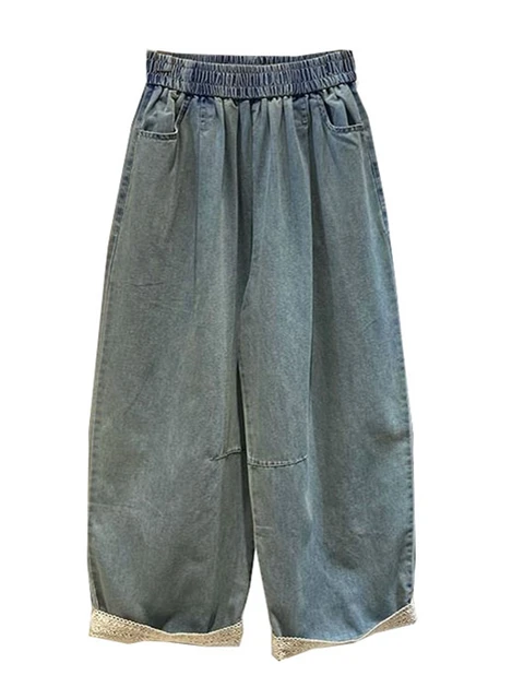 Plus Size 5XL 140kg Summer Autumn Ankle-Length Elastic Pants Wasit Lace Jeans for Woman Big size Jeans Oversized Women Clothes