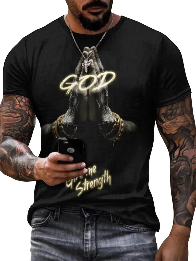 

Men's Tee God Give Me Strength, 3D Graphic Print T-shirt, Causal Fashion O-neck Short Sleeve ,Men's Summer New Outdoor Clothing