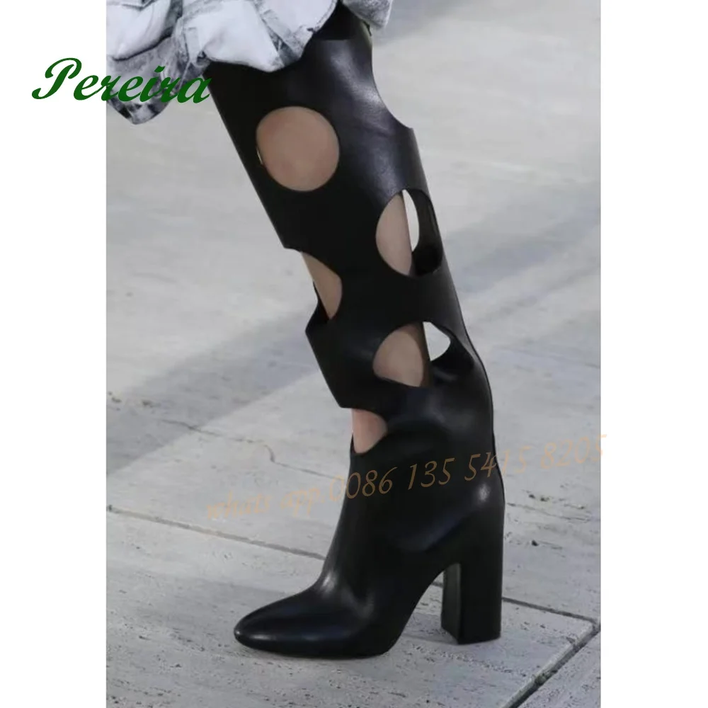 

Black Knee High Cave Boots Genuine Leather Round Toe Chunky Heels Women's Boots Casual Catwalk Casual Winter Shoes Sexy Large