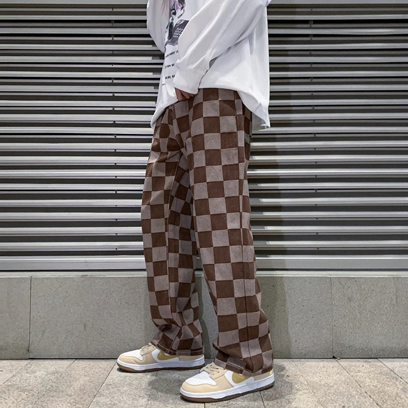 2022 Spring New Men's Brown Check Print Baggy Jeans Korean Fashion
