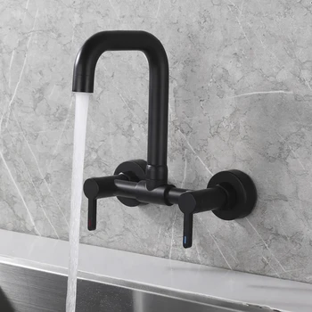 ก๊อกน้ำอ่างล้างจานแบบติดผนัง 2 หัวก๊อก น้ำร้อนน้ำเย็น หมุนได้ 2 รู สีดำด้าน 1