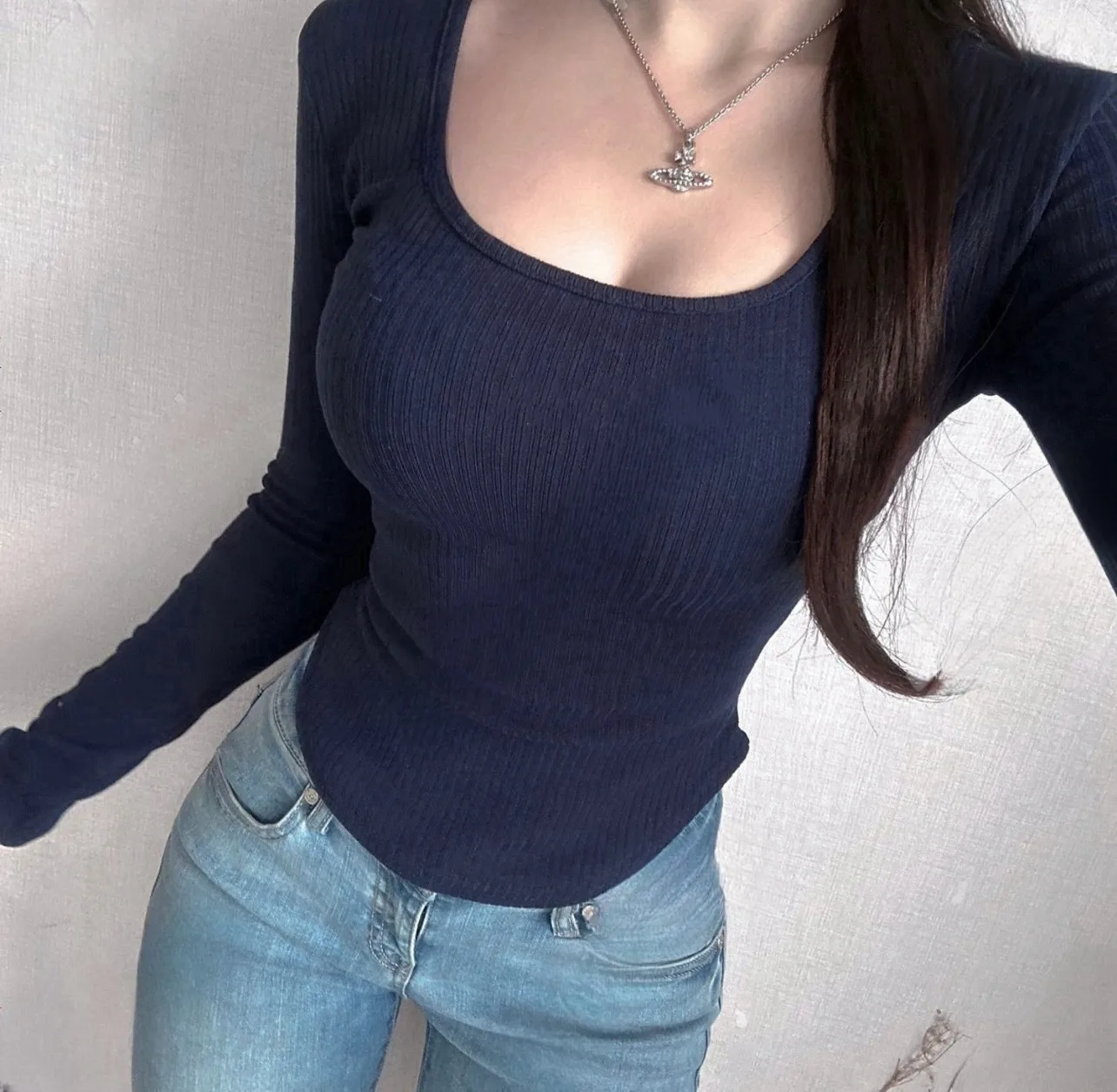 2026 koreanische U-Ausschnitt Langarm T-Shirt Frauen Herbst Mode vielseitige elastische Basis Shirt Top Sexy Slim Fit Chic Stil Crop Top – Detail 9