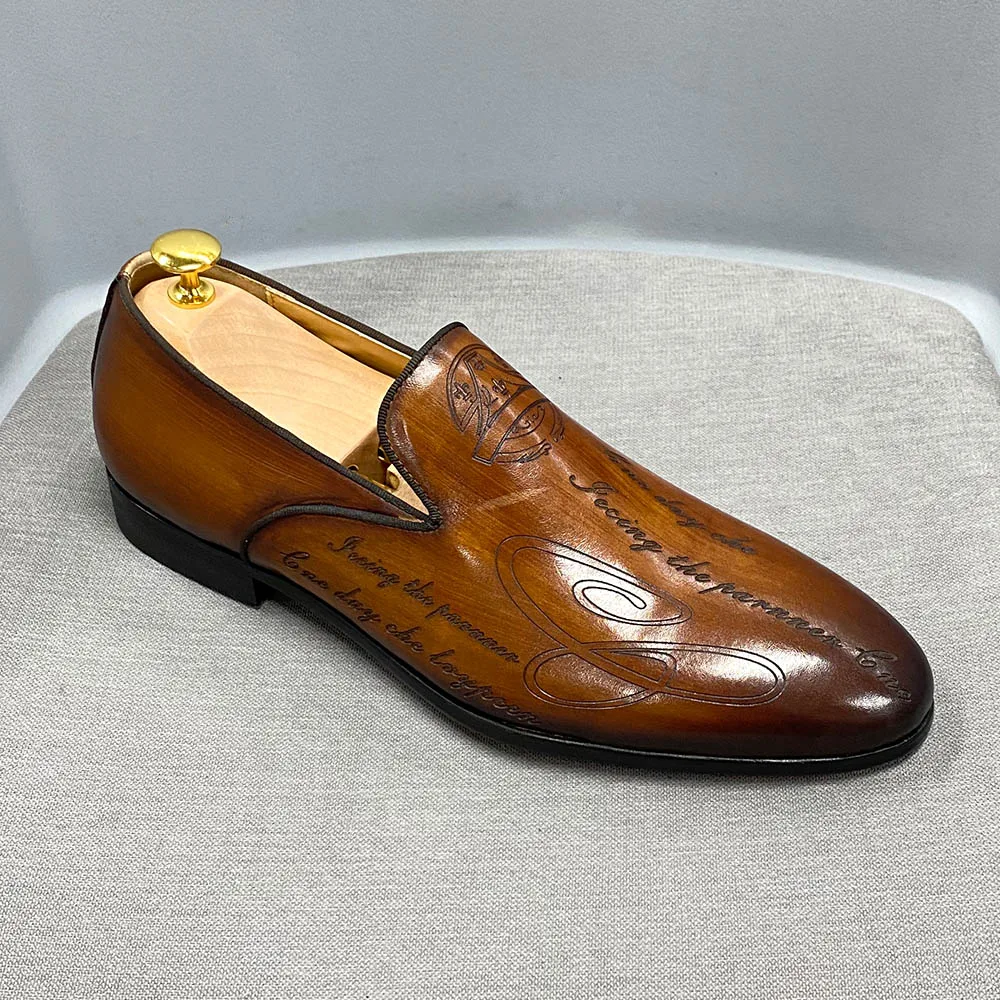 Italian Style Hand Painted Letter Men Shoes Genuine Cow Leather High Quality Formal Dress Shoes Loafers Business Wedding Shoes