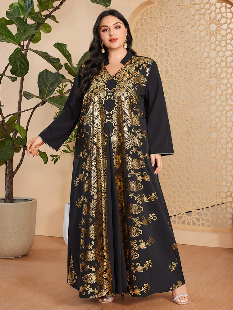 

Muslim Arab Female Loose Casual Retro Ethnic Printing Black V-Neck Full Sleeve Clothing Abaya Women Dubai Long Dress Plus Size